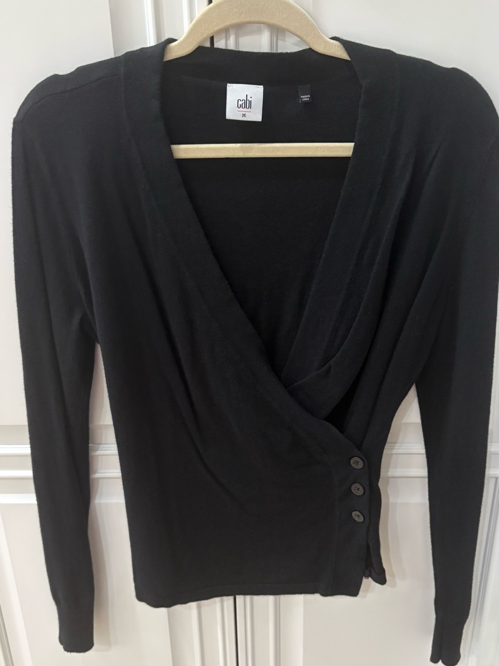 cabi Black Wrap-Front Long Sleeve sweater
